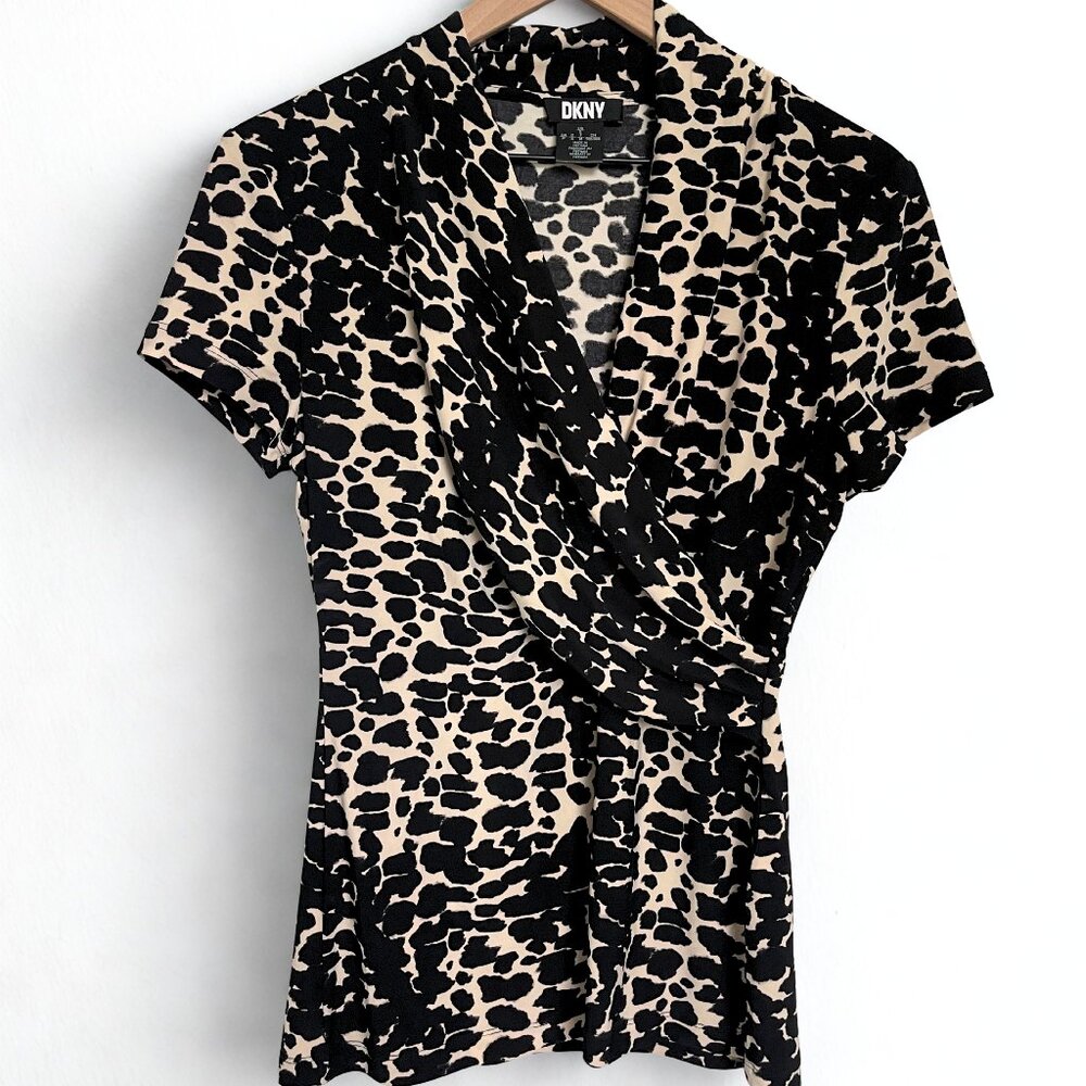 DKNY Leopard Print Wrap Top Size Small Black Tan Short Sleeve